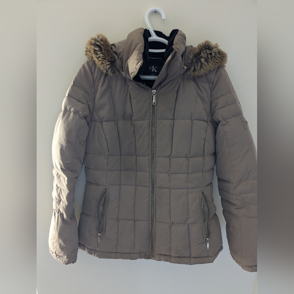Calvin Klein Puffer Jacket Beige Taupe Fitted Faux Fur Hoodie Size S - Picture 2 of 8